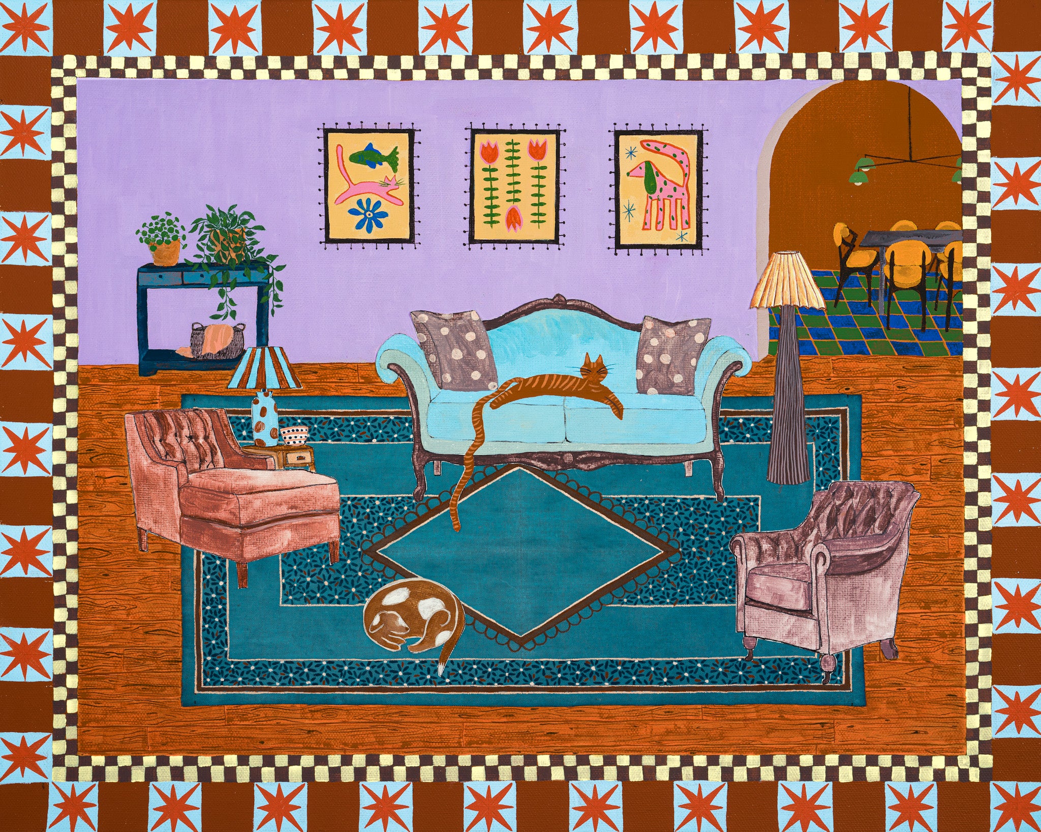 Colorful interior design painting of a living room with furniture and decor.