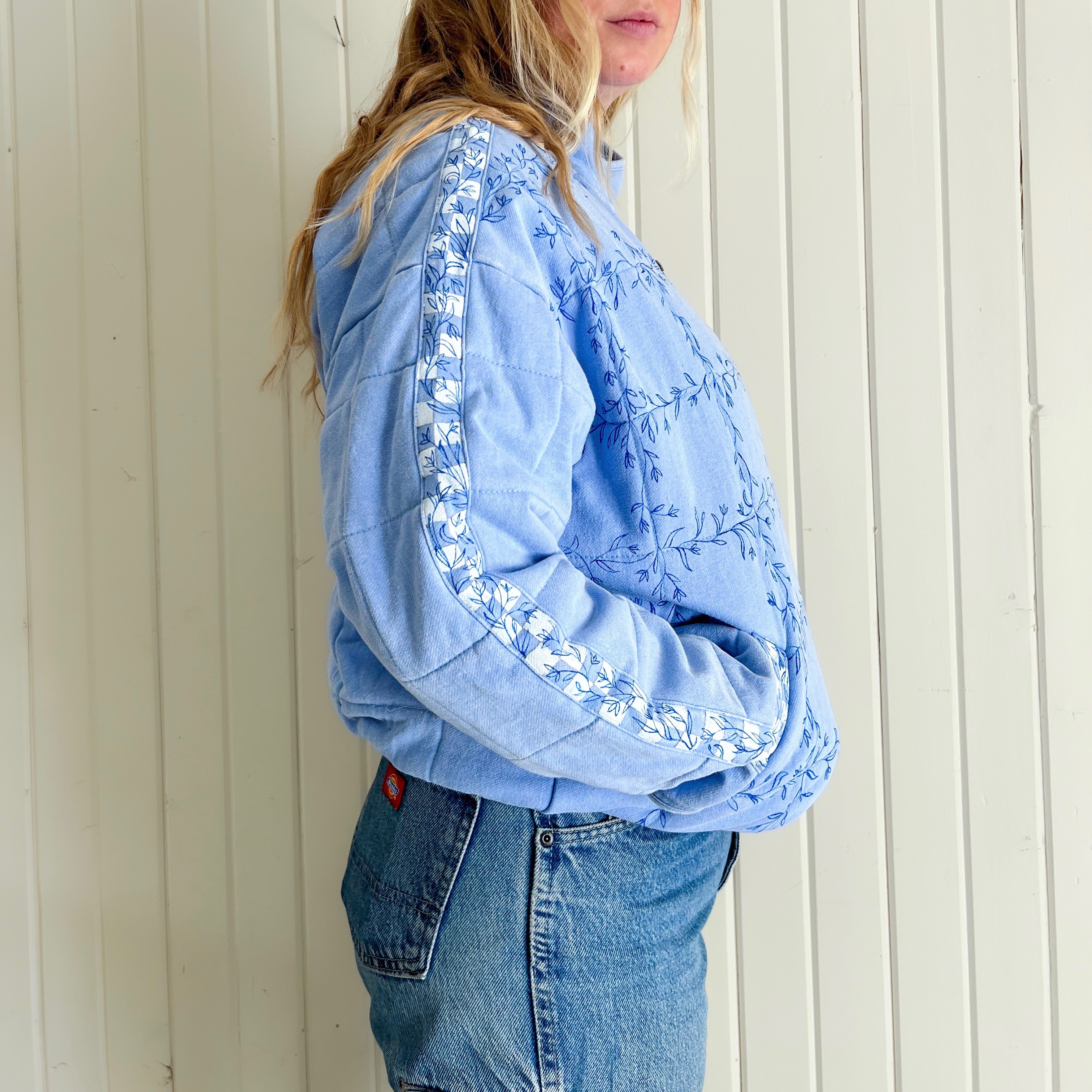 Checkered Bluebell Bomber, Hand Painted Oversized Quilted Jacket