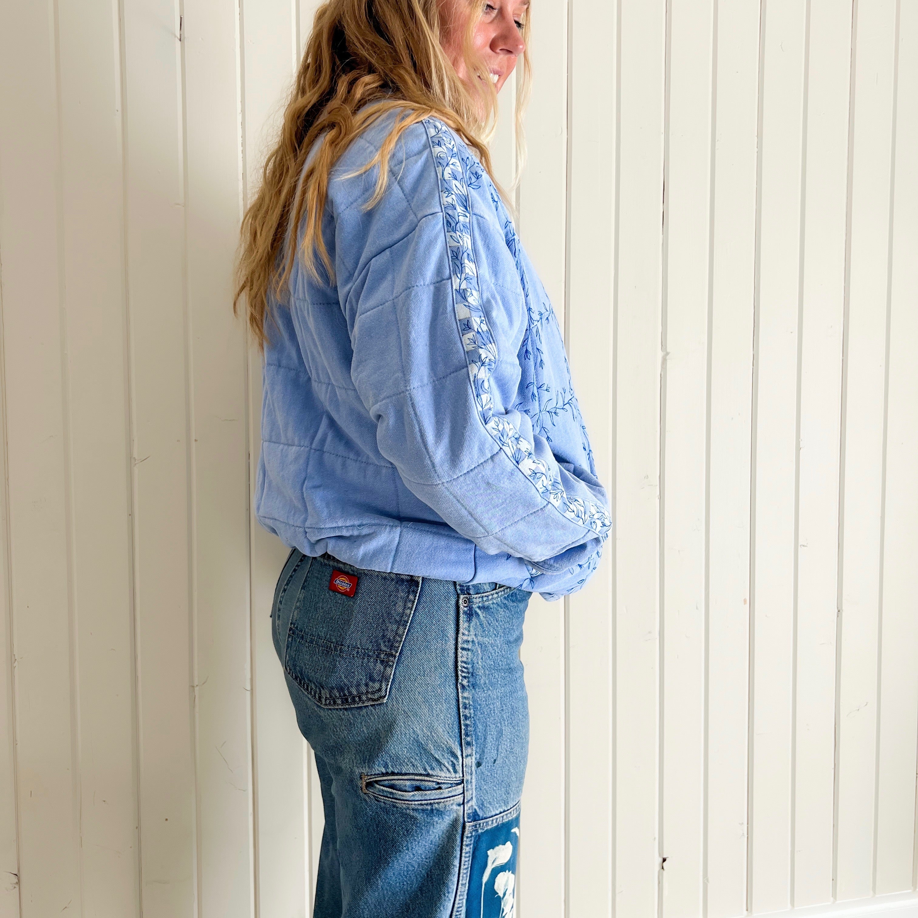 Checkered Bluebell Bomber, Hand Painted Oversized Quilted Jacket