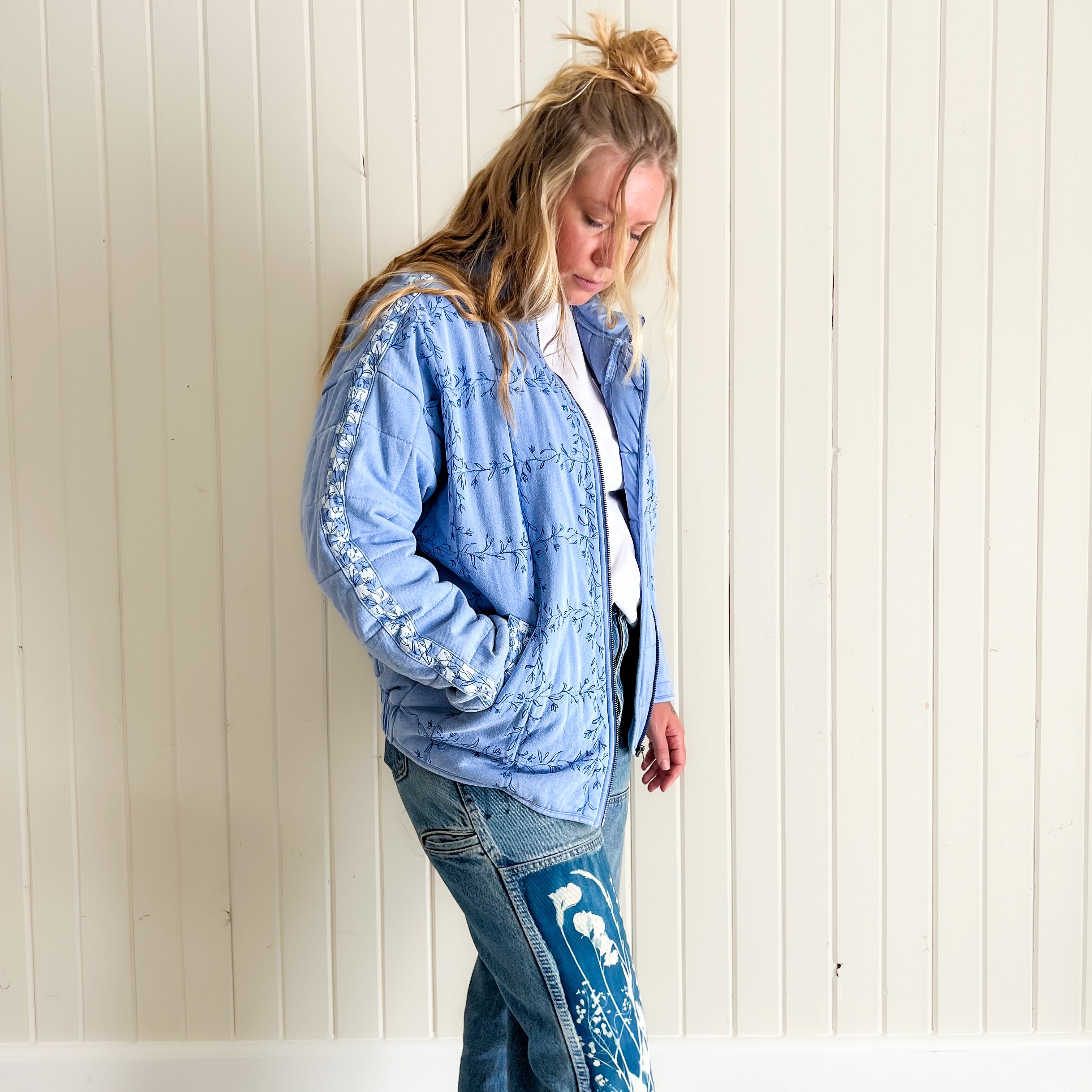 Checkered Bluebell Bomber, Hand Painted Oversized Quilted Jacket