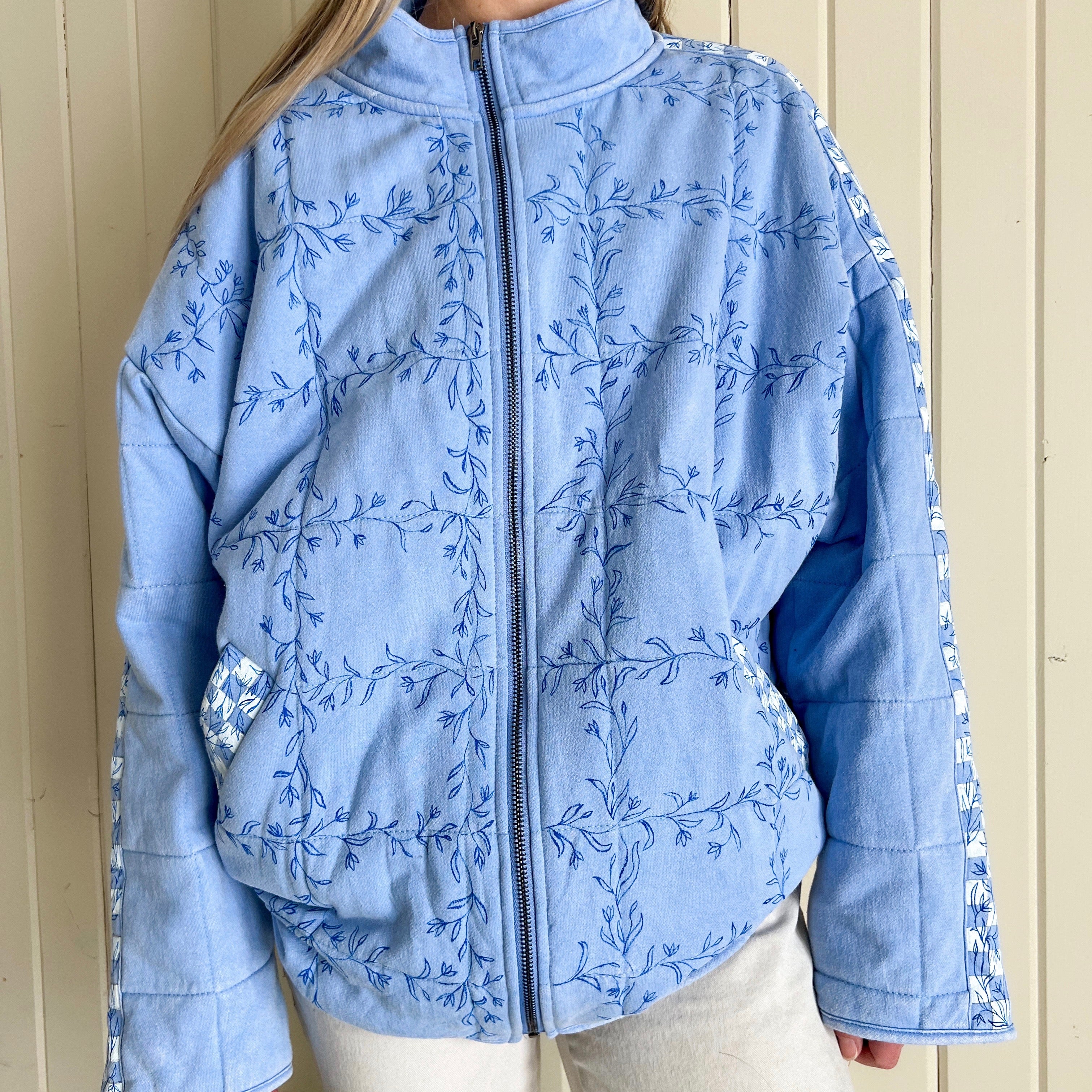 Checkered Bluebell Bomber, Hand Painted Oversized Quilted Jacket