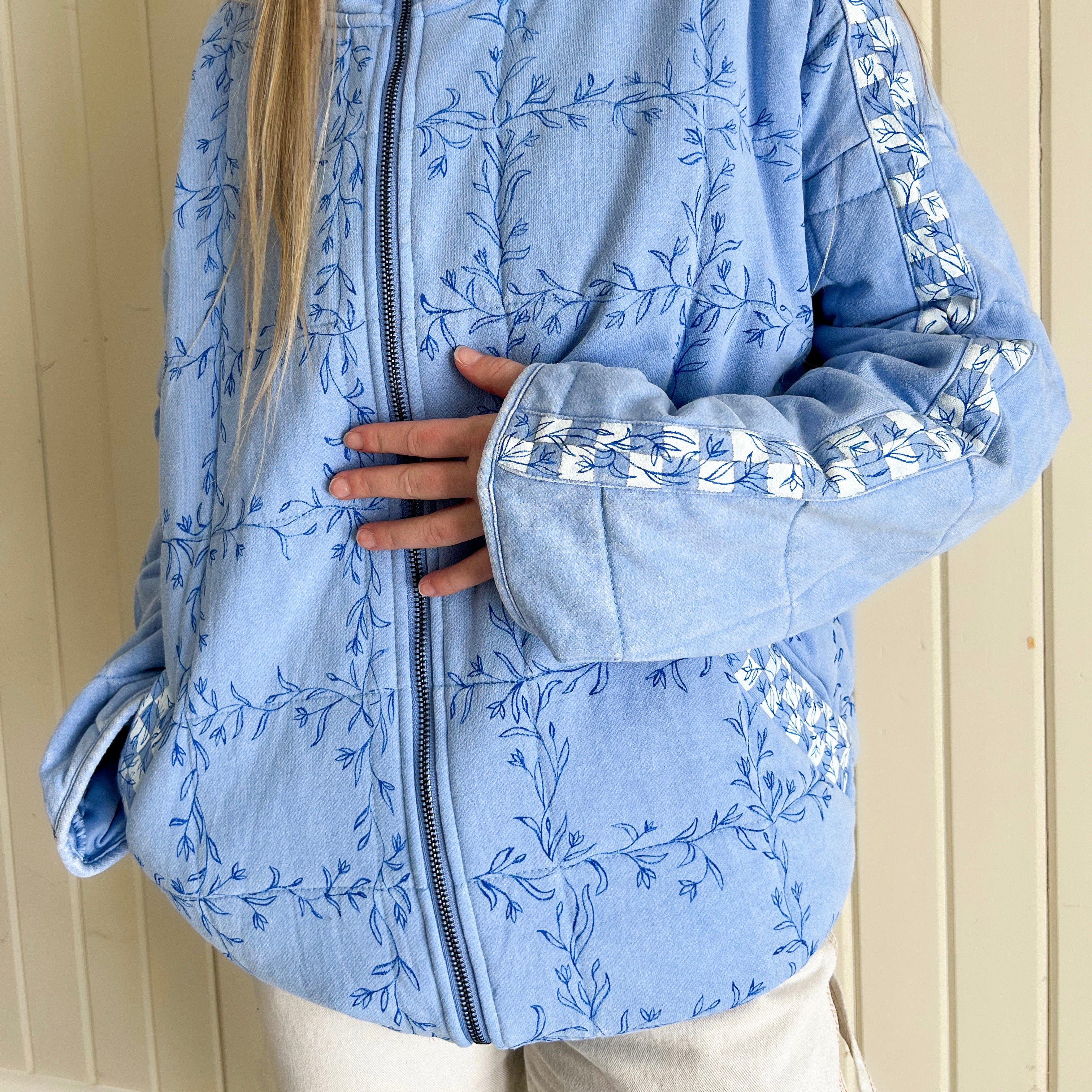 Checkered Bluebell Bomber, Hand Painted Oversized Quilted Jacket