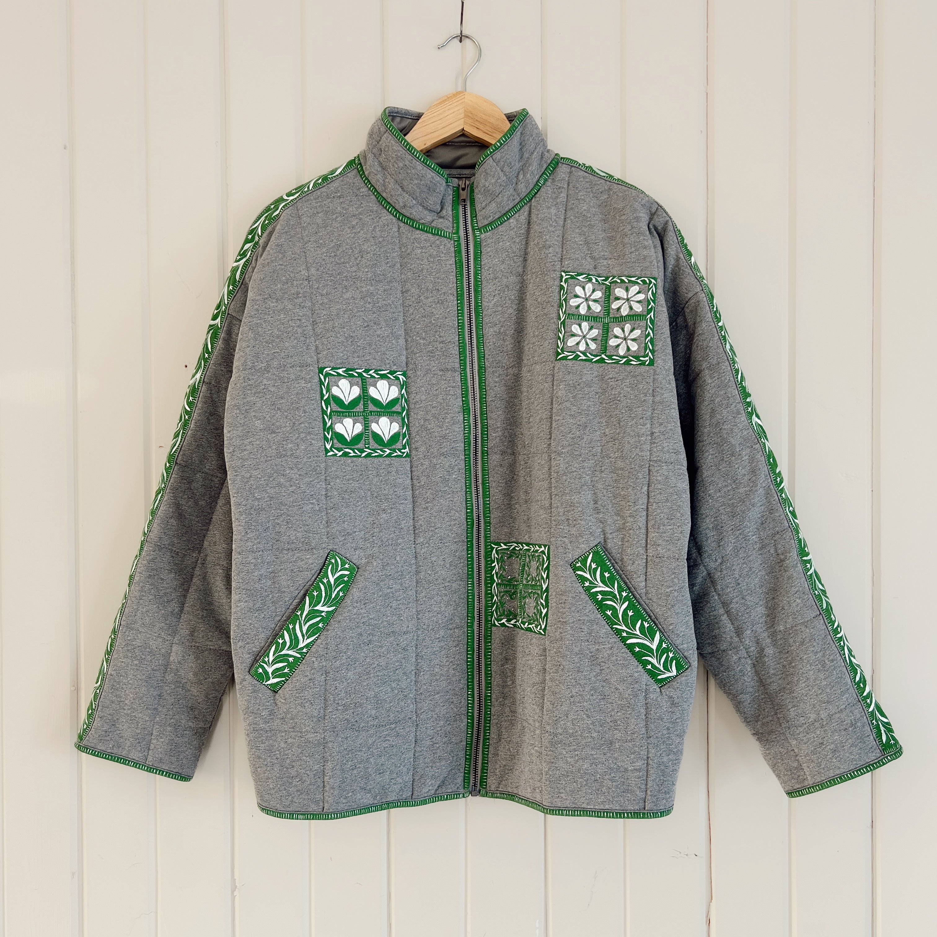 Hand Painted Quilted Gray Bomber Jacket, Oversized Size Small