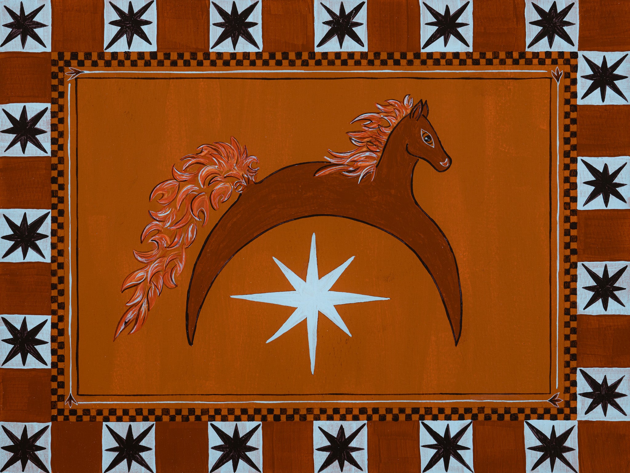 Decorative painting with a horse and star design on an orange background