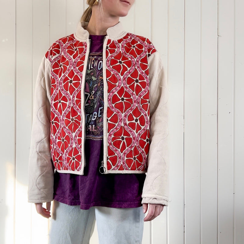 Red and Pink Daisy Hand Painted Quilted Bomber Jacket Size Small