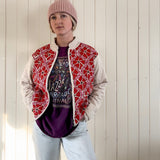 Red and Pink Daisy Hand Painted Quilted Bomber Jacket Size Small