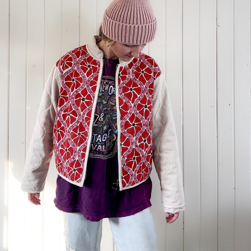 Red and Pink Daisy Hand Painted Quilted Bomber Jacket Size Small