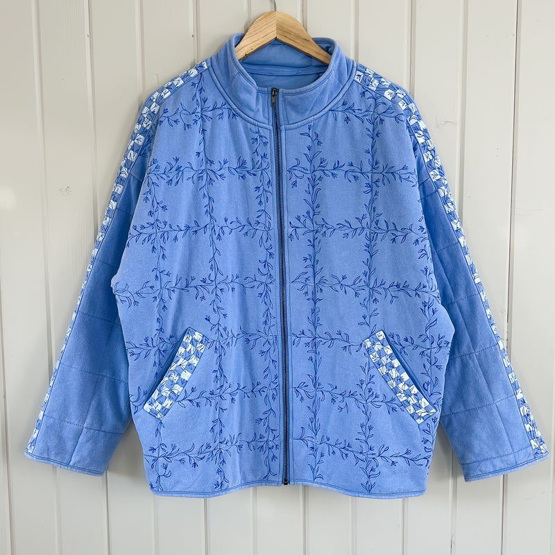 Checkered Bluebell Bomber, Hand Painted Oversized Quilted Jacket