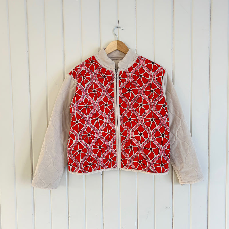 Red and Pink Daisy Hand Painted Quilted Bomber Jacket Size Small