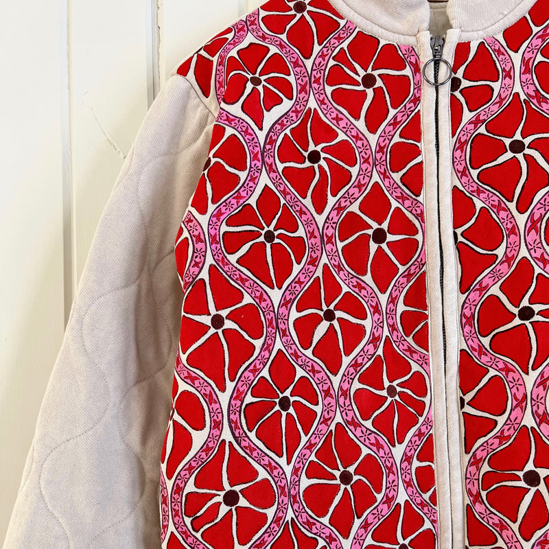 Red and Pink Daisy Hand Painted Quilted Bomber Jacket Size Small