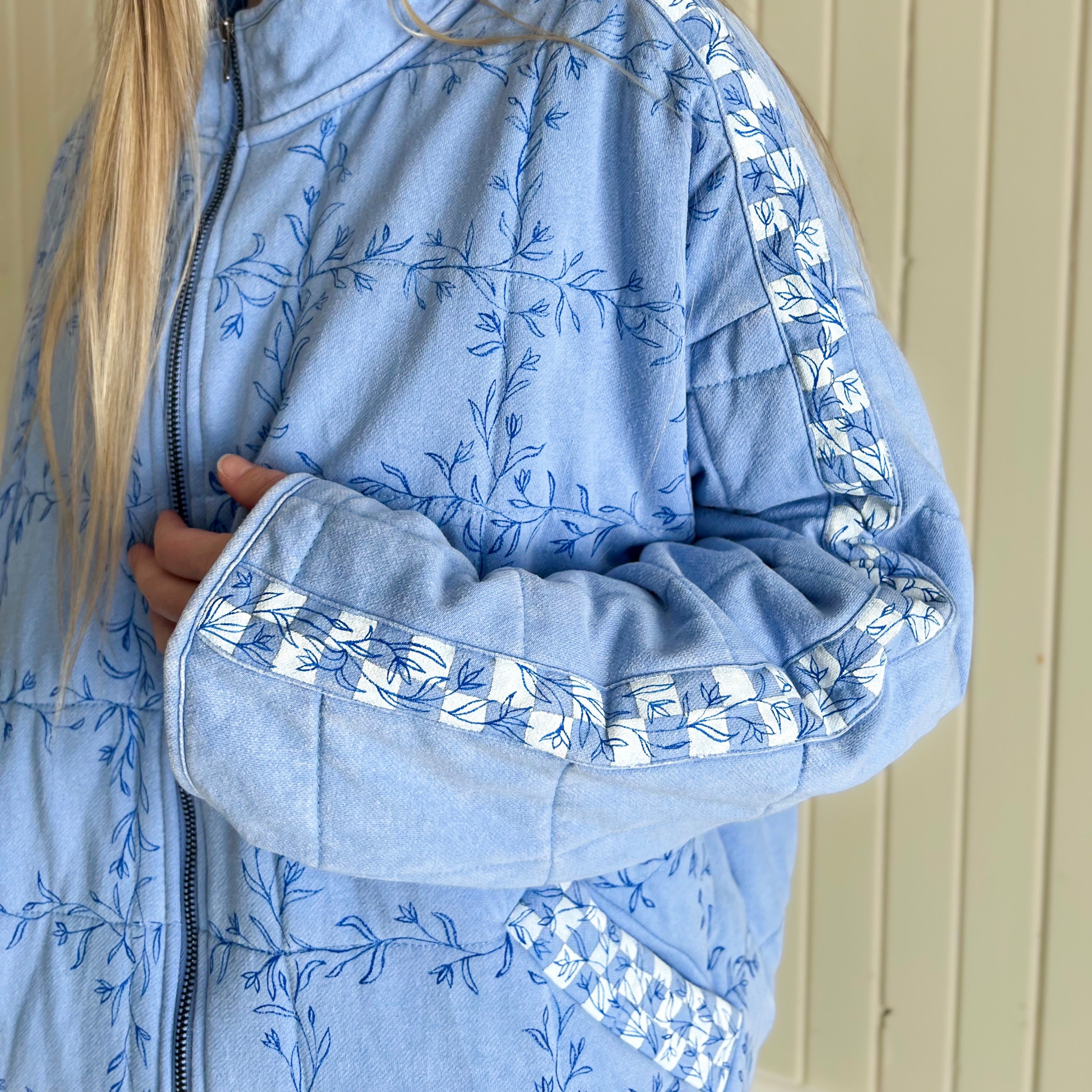 Checkered Bluebell Bomber, Hand Painted Oversized Quilted Jacket