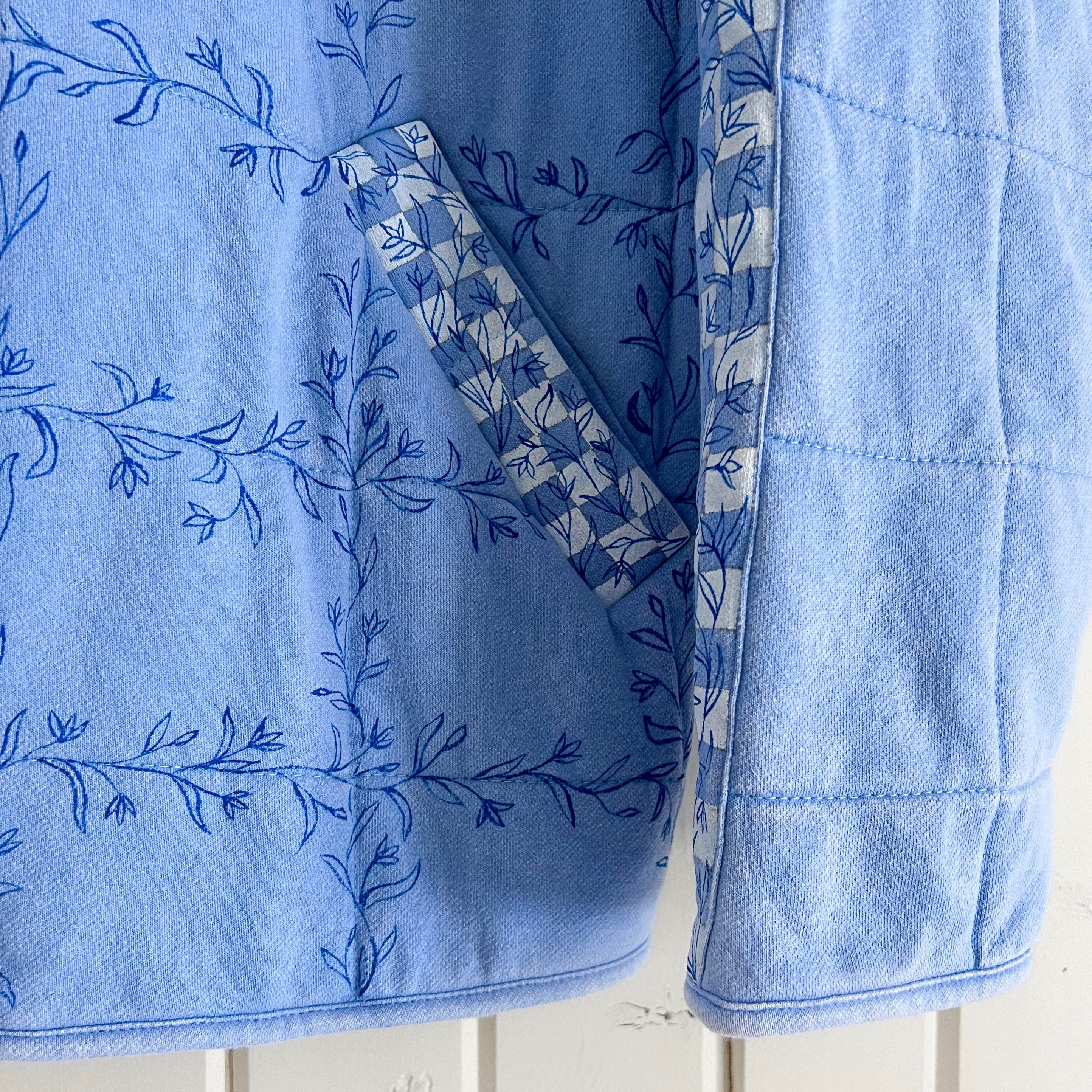 Checkered Bluebell Bomber, Hand Painted Oversized Quilted Jacket