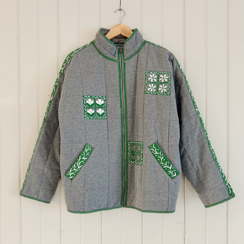 Hand Painted Quilted Gray Bomber Jacket, Oversized Size Small