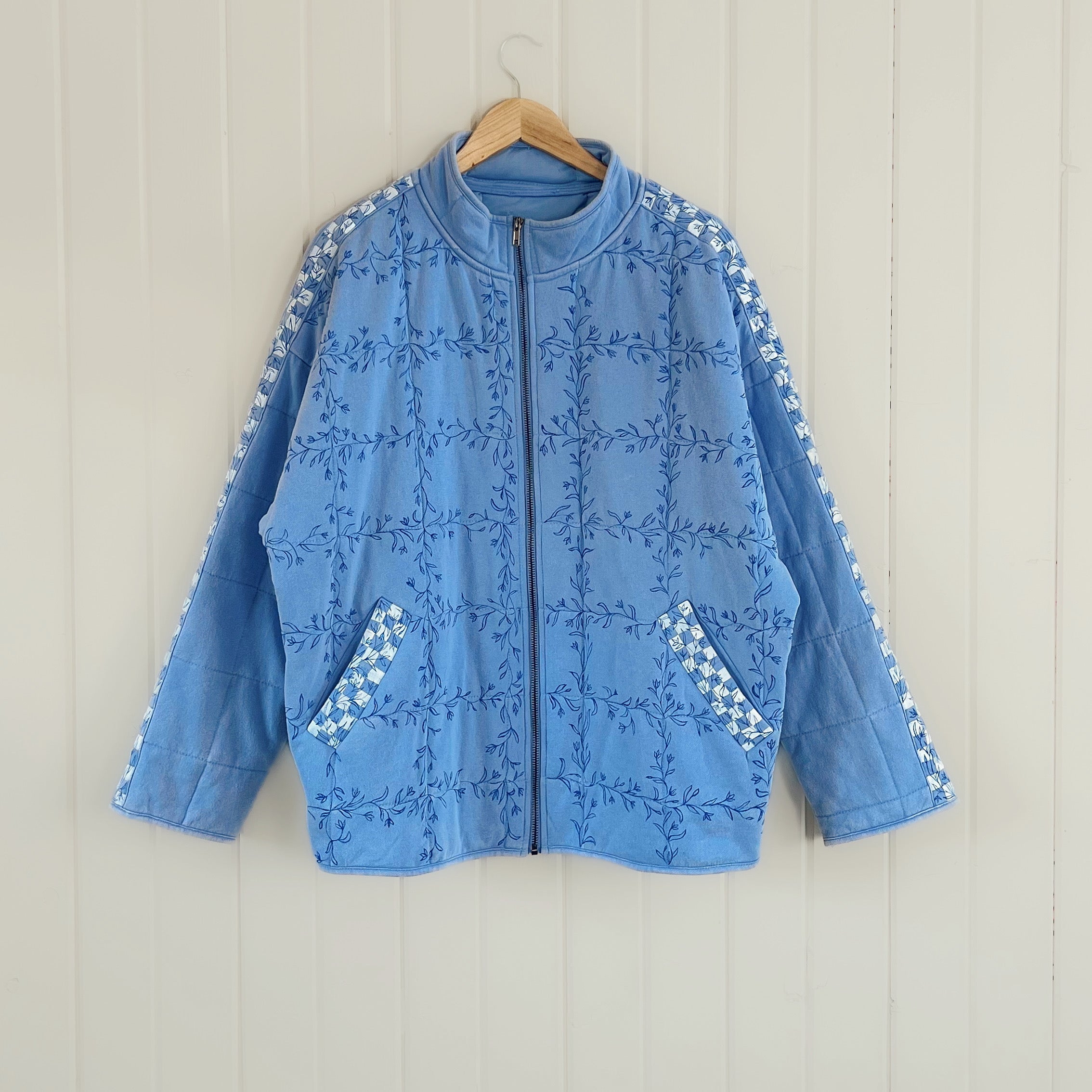 Checkered Bluebell Bomber, Hand Painted Oversized Quilted Jacket