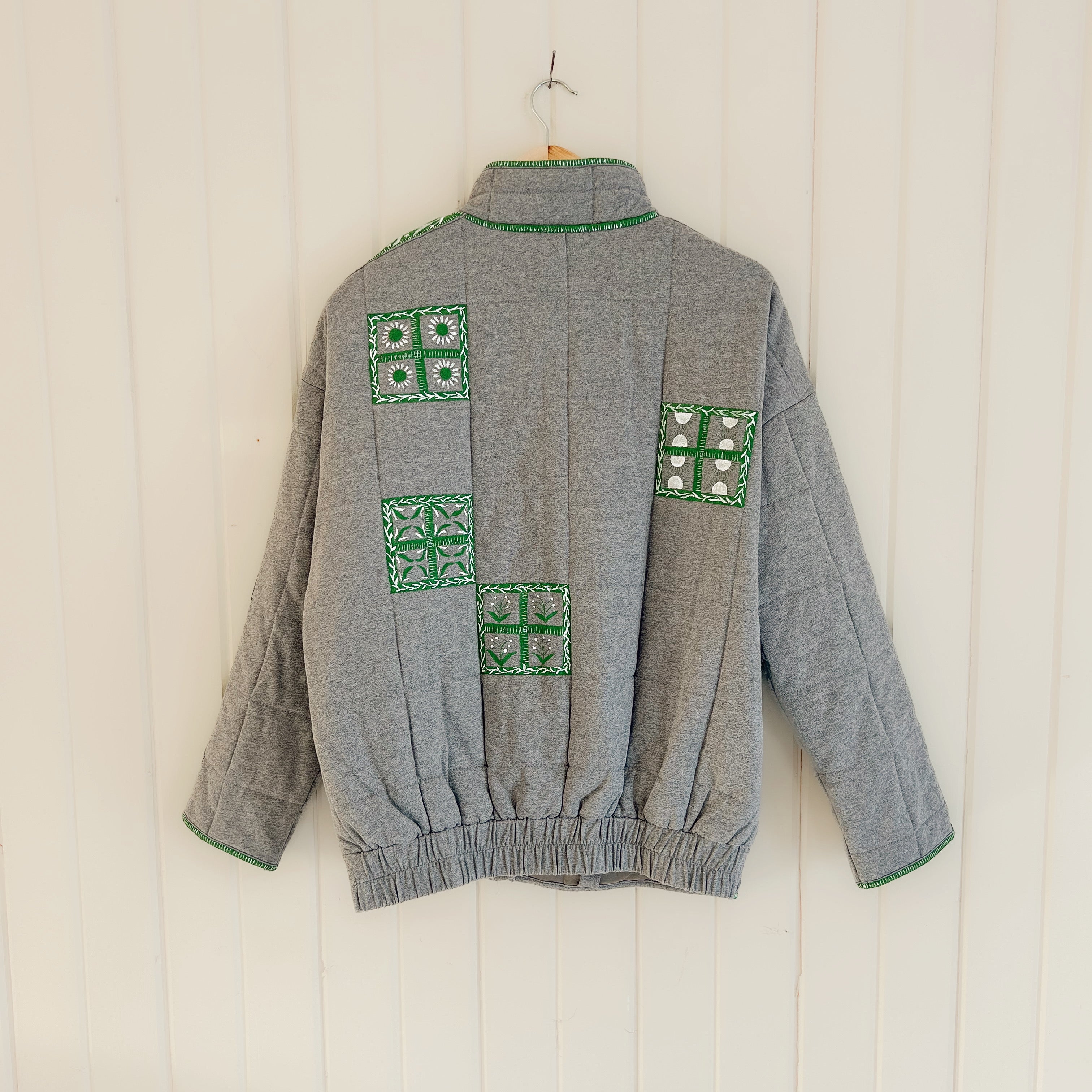 Hand Painted Quilted Gray Bomber Jacket, Oversized Size Small